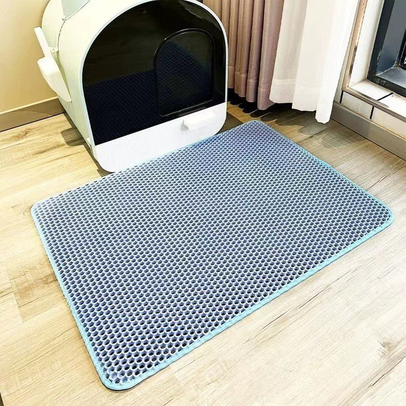Double-layer anti-spill cat litter mat in grey, captures stray litter easily and is waterproof for clean floors.
