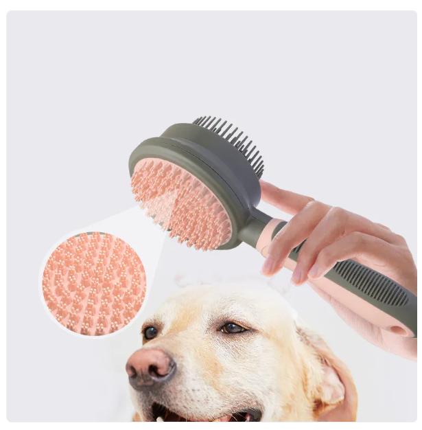 Double-sided cat grooming brush with soft, gentle bristles for long and medium fur; ergonomic handle for easy pet care.
