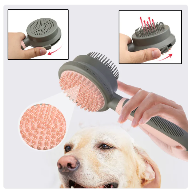 Double-sided cat grooming brush with soft, gentle bristles for long and medium fur; ergonomic handle for easy pet care.