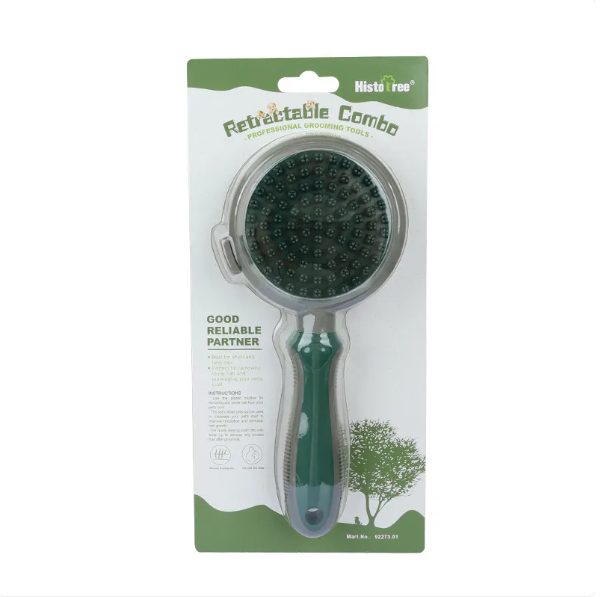 Double-sided cat grooming brush with soft, gentle bristles for long and medium fur; ergonomic handle for easy pet care.