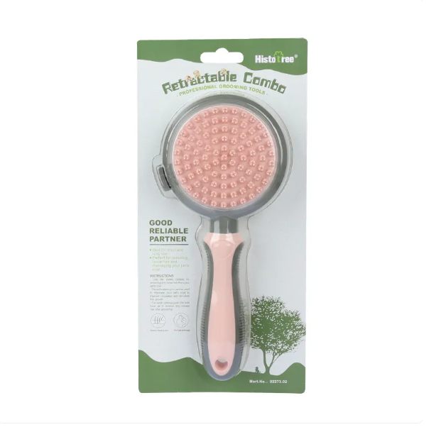 Double-sided cat grooming brush with soft, gentle bristles for long and medium fur; ergonomic handle for easy pet care.