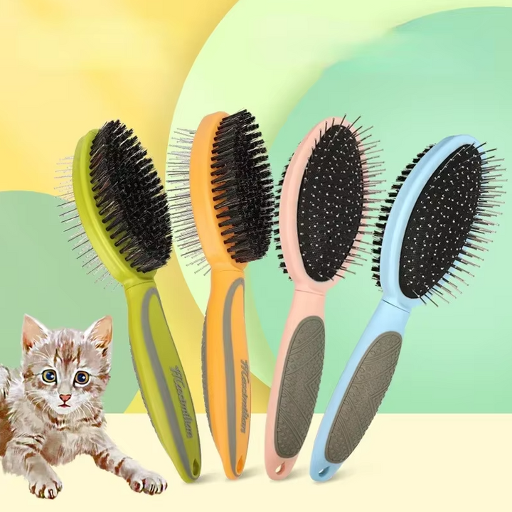 Double-sided pet brush with soft bristles and metal pins for grooming dogs and cats, ensuring a shiny, healthy coat.