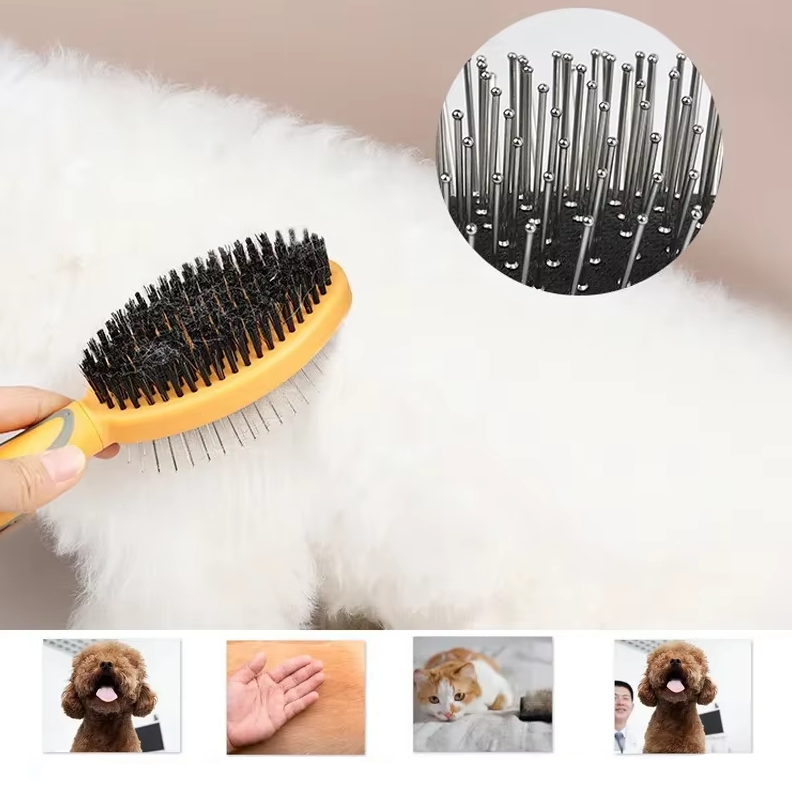 Double-sided pet brush with soft bristles and metal pins for grooming dogs and cats, ensuring a shiny, healthy coat.