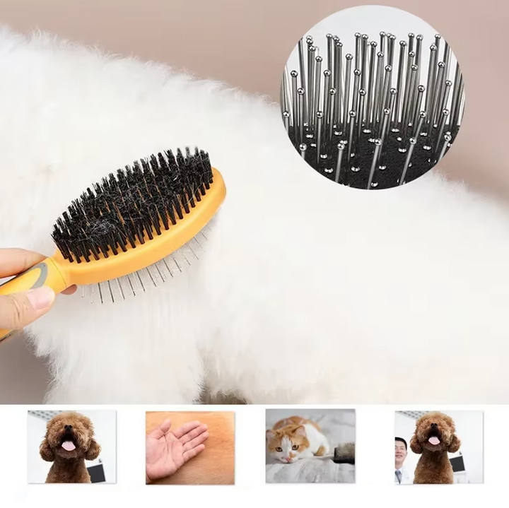 Double-sided pet brush with soft bristles and metal pins for grooming dogs and cats, ensuring a shiny, healthy coat.