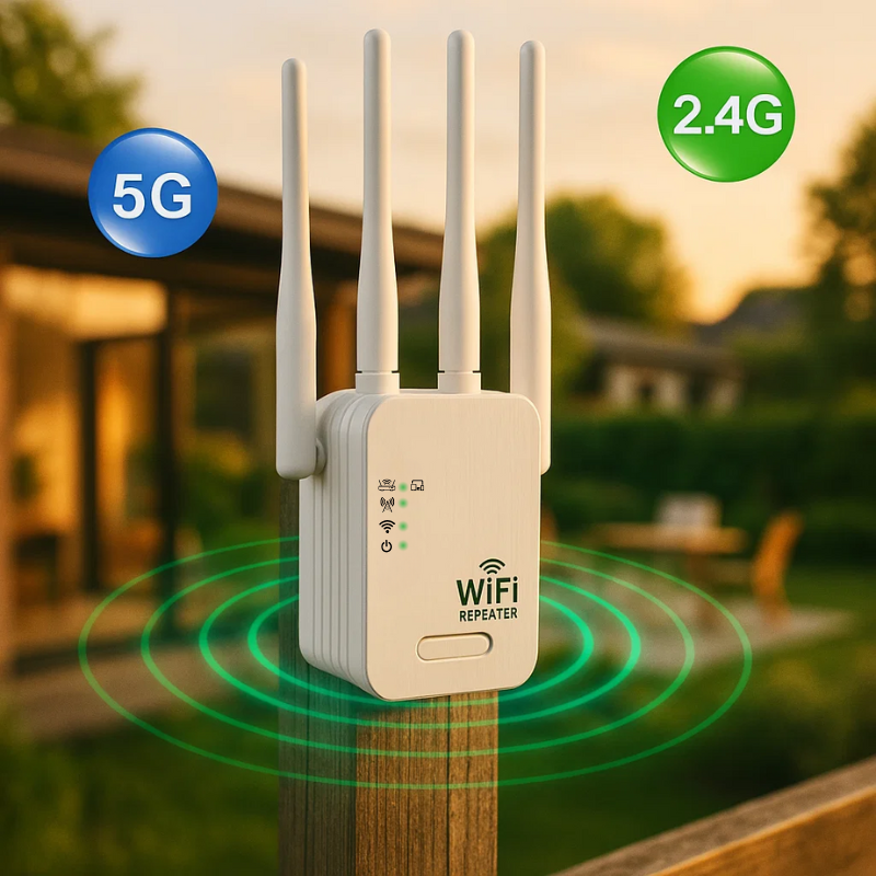 "Dual-Band Long-Range Outdoor WiFi Booster 1200Mbps extends coverage, weather-resistant, sleek design; enhances connectivity.