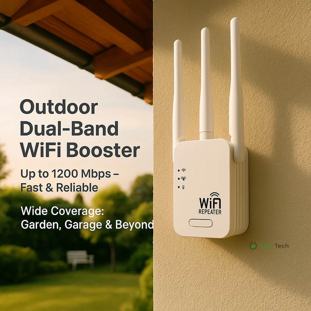 "Dual-Band Long-Range Outdoor WiFi Booster 1200Mbps extends coverage, weather-resistant, sleek design; enhances connectivity.