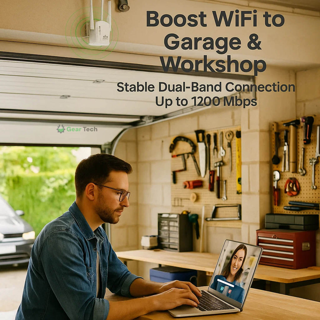 "Dual-Band Long-Range Outdoor WiFi Booster 1200Mbps extends coverage, weather-resistant, sleek design; enhances connectivity.