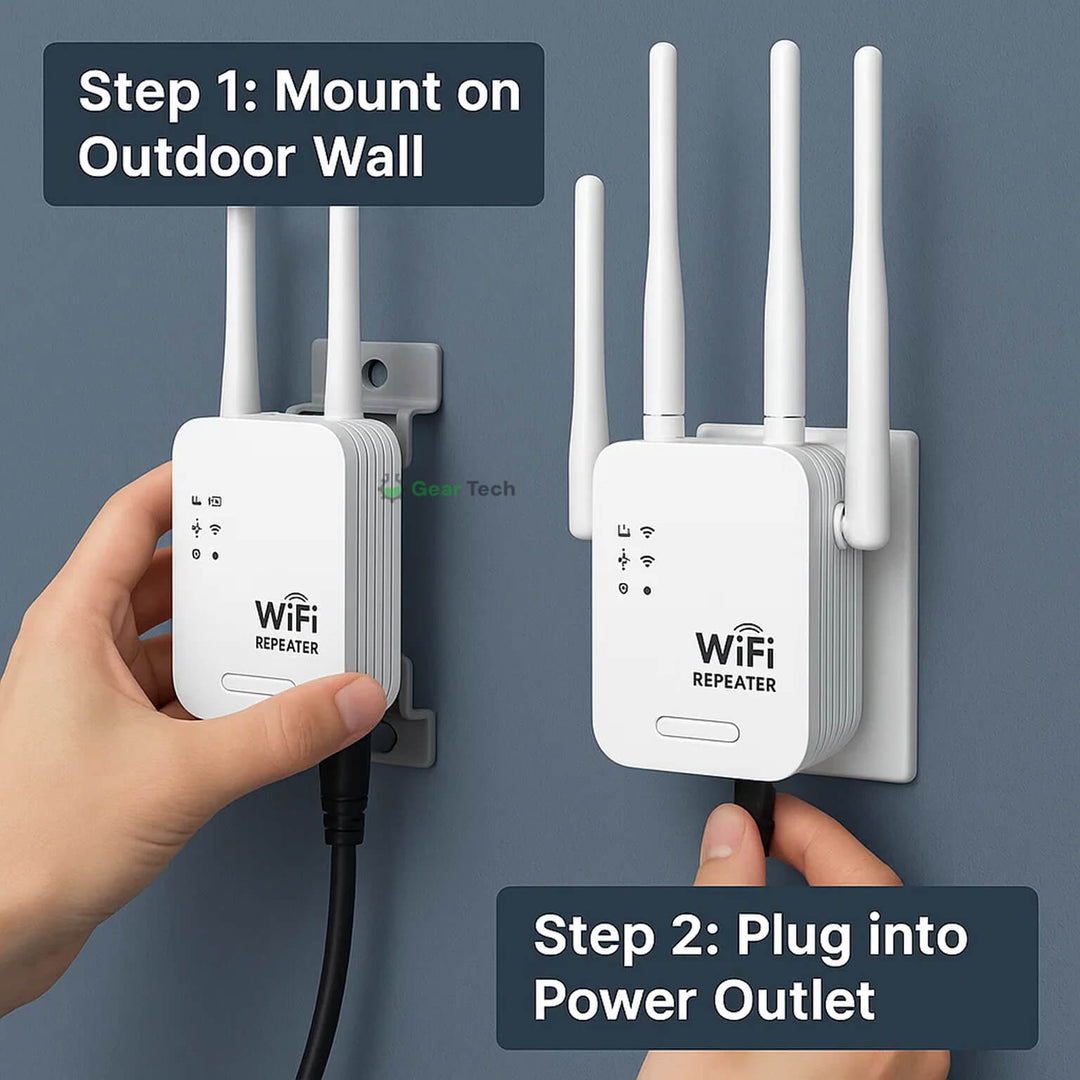 "Dual-Band Long-Range Outdoor WiFi Booster 1200Mbps extends coverage, weather-resistant, sleek design; enhances connectivity.