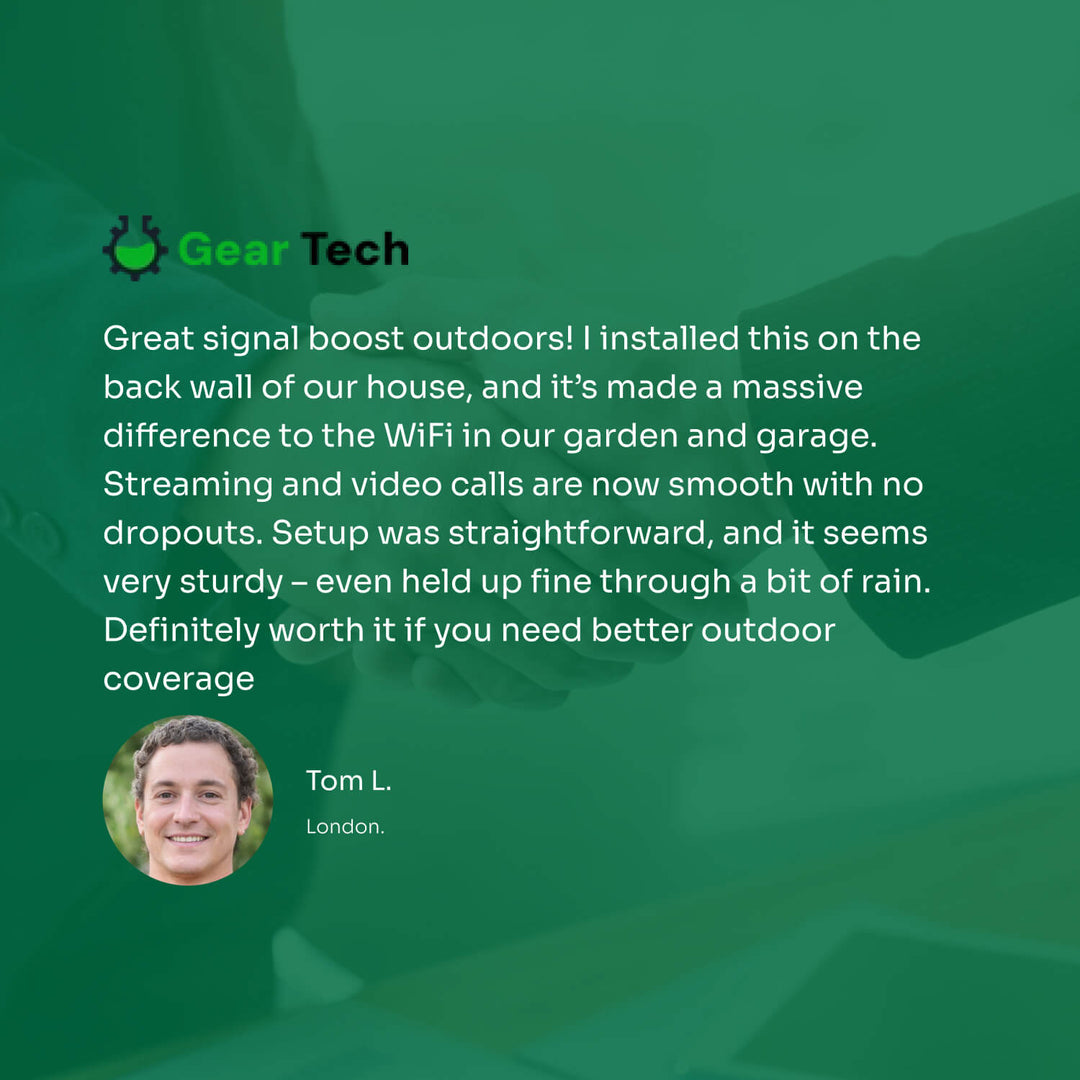 "Dual-Band Long-Range Outdoor WiFi Booster 1200Mbps extends coverage, weather-resistant, sleek design; enhances connectivity.