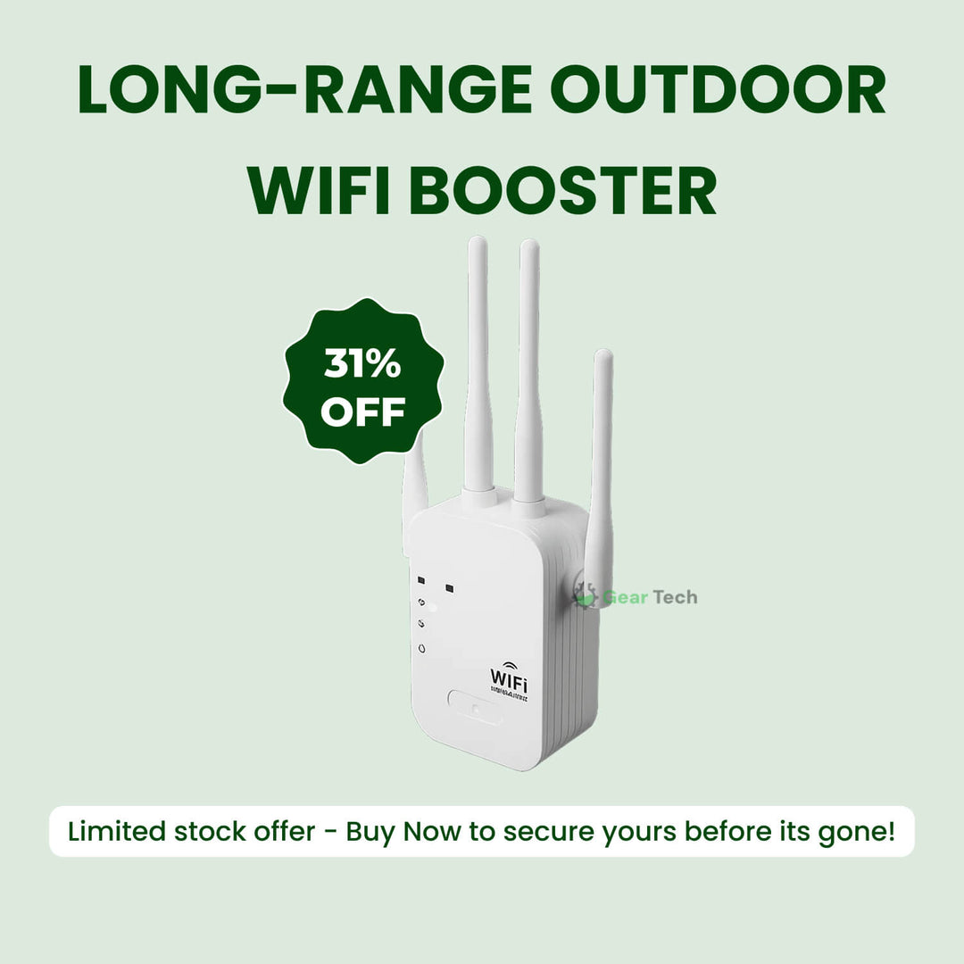 "Dual-Band Long-Range Outdoor WiFi Booster 1200Mbps extends coverage, weather-resistant, sleek design; enhances connectivity.