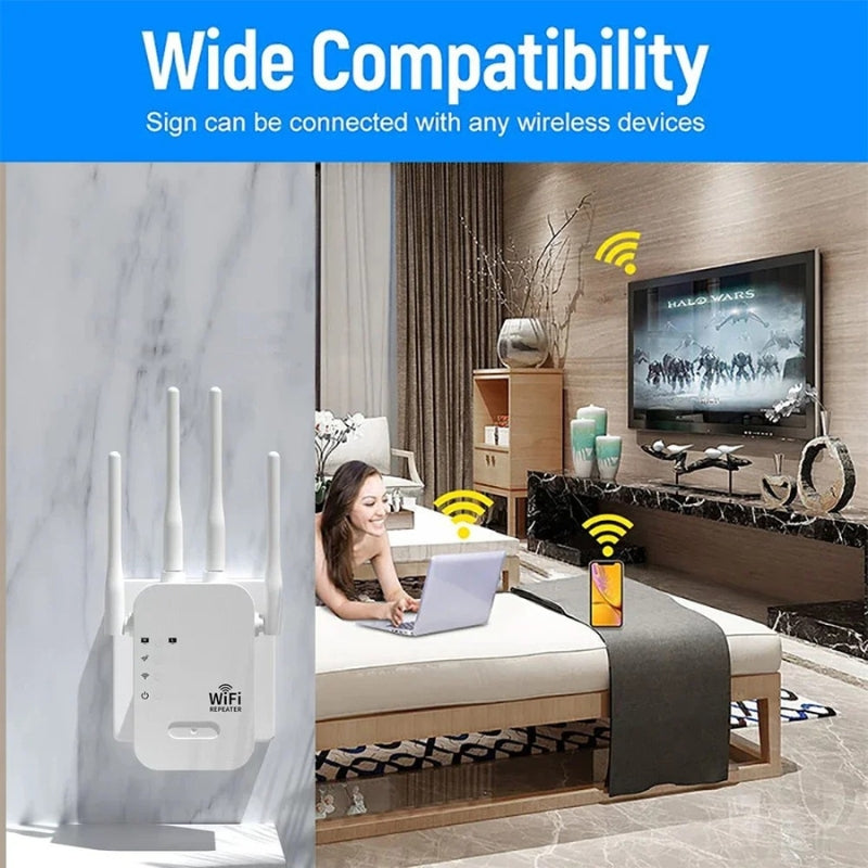 Dual-Band WiFi Range Booster, sleek design, enhances connectivity outdoors, ideal for offices with dual antennas and LED indi