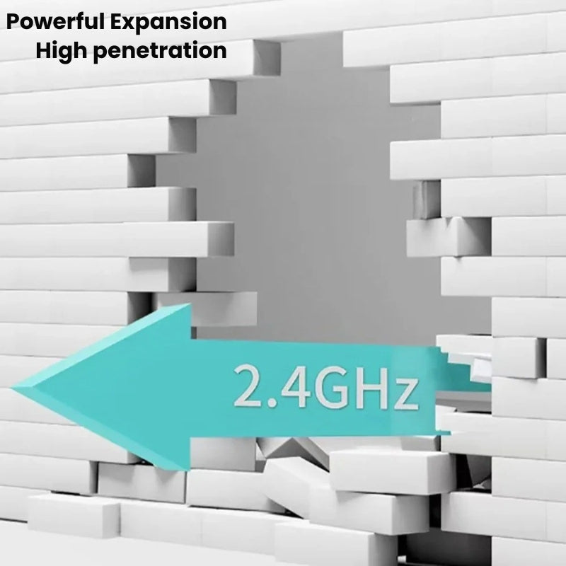 Dual-Band WiFi Range Booster, sleek design, enhances connectivity outdoors, ideal for offices with dual antennas and LED indi