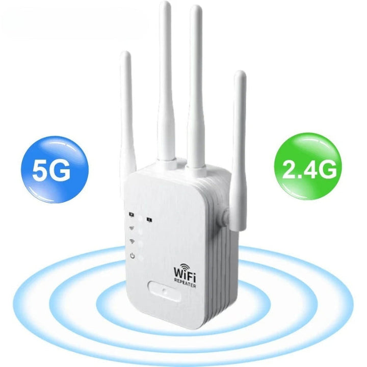 Dual-Band WiFi Range Booster, sleek design, enhances connectivity outdoors, ideal for offices with dual antennas and LED indi