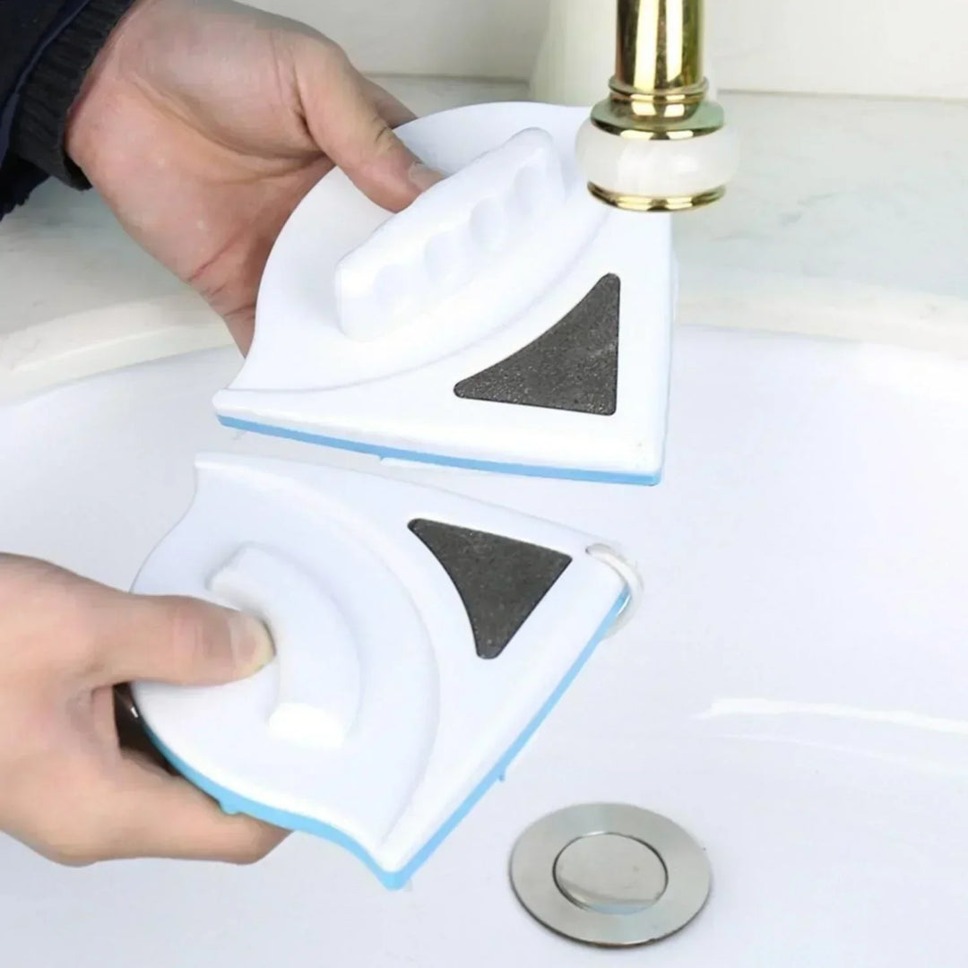 "Dual-sided magnetic window cleaner, blue and white with ergonomic grip, designed for streak-free glass cleaning, indoors and