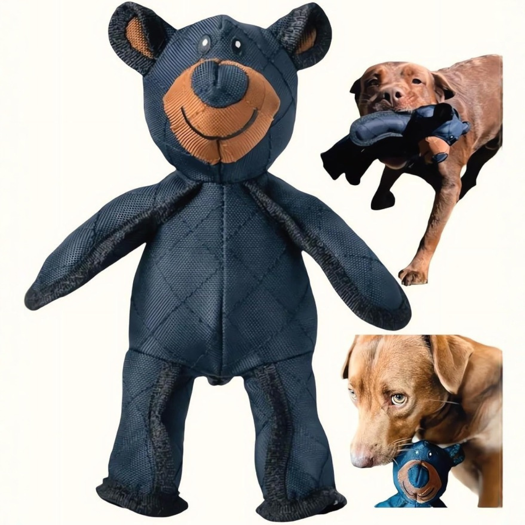 "Durable plush dog teddy in soft beige fabric, ideal for pet playtime and comfort. Perfect for chewing and cuddling."