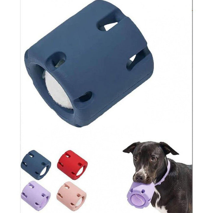 "Durable rubber dog chew toy with hidden tennis ball, designed for interactive play, available in vibrant colours."