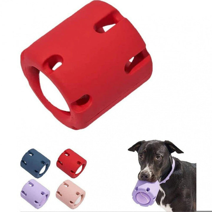 "Durable rubber dog chew toy with hidden tennis ball, designed for interactive play, available in vibrant colours."