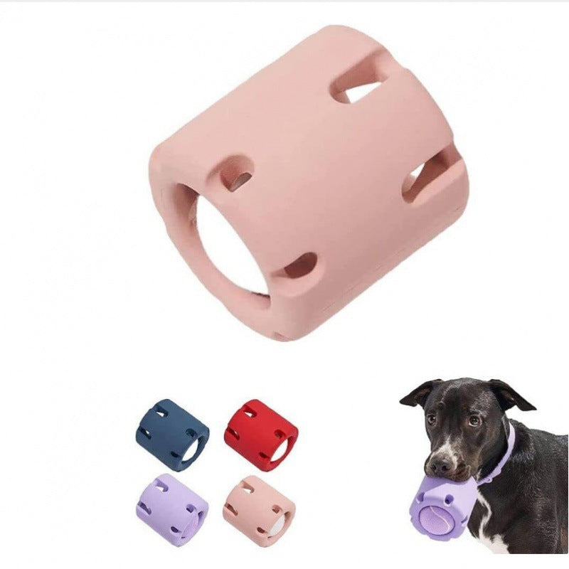 "Durable rubber dog chew toy with hidden tennis ball, designed for interactive play, available in vibrant colours."