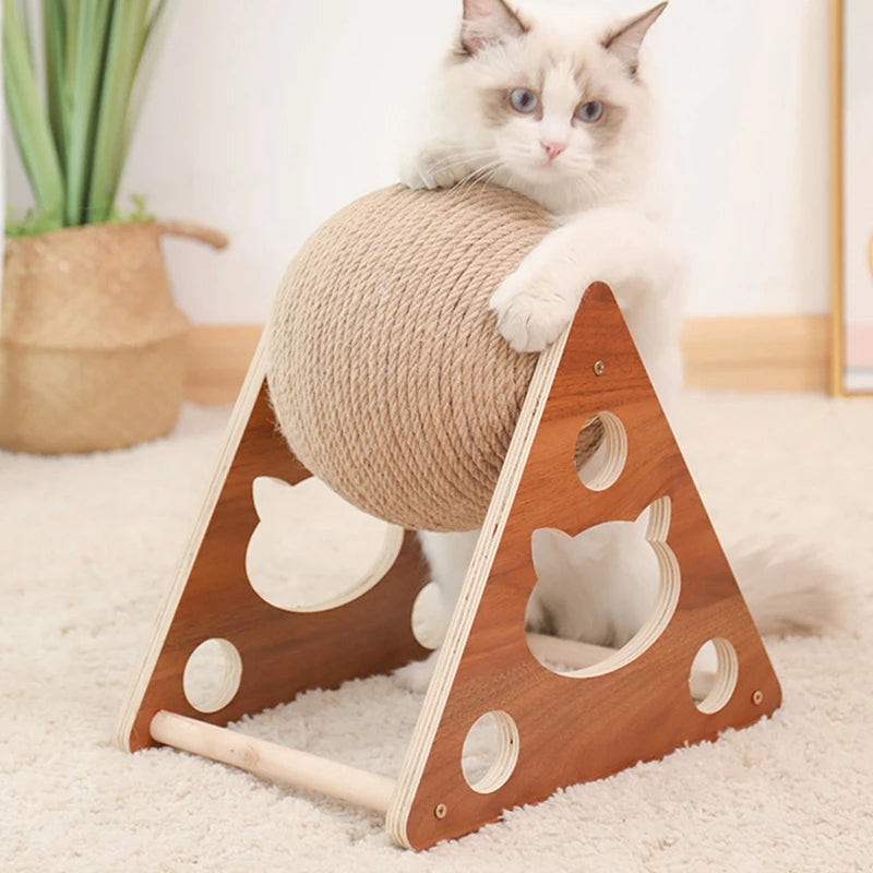 "Durable sisal cat scratching ball, robust design, fits home decor, prevents furniture damage, promotes healthy play."