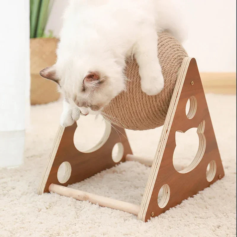 "Durable sisal cat scratching ball, robust design, fits home decor, prevents furniture damage, promotes healthy play."