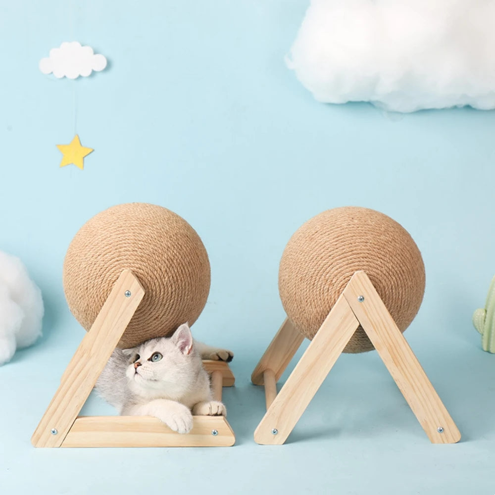 "Durable sisal cat scratching ball, robust design, fits home decor, prevents furniture damage, promotes healthy play."