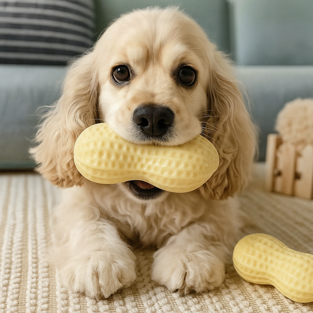 "Durable squeaky peanut-shaped chew toy in vibrant colors for dogs, promoting play, teeth cleaning, and cognitive engagement.