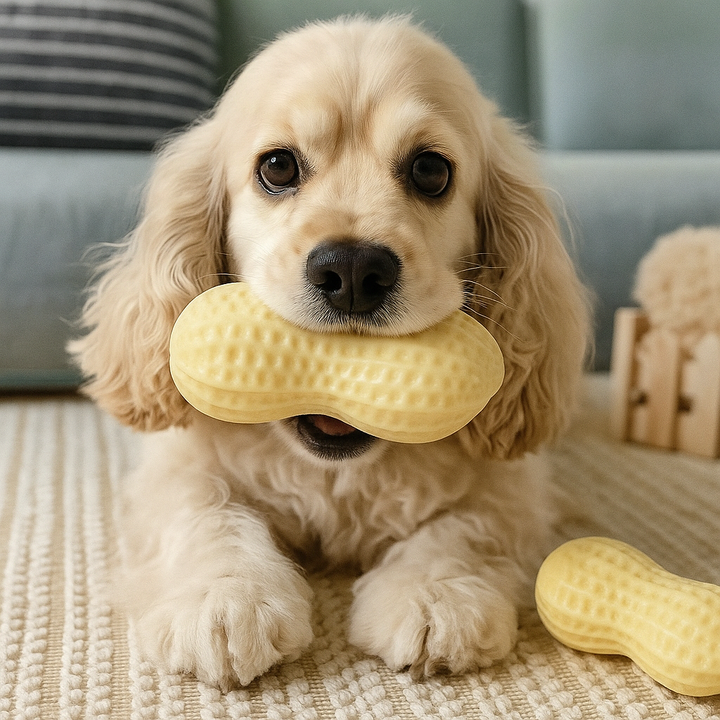 "Durable squeaky peanut-shaped chew toy in vibrant colors for dogs, promoting play, teeth cleaning, and cognitive engagement.