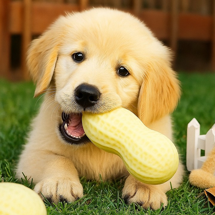 "Durable squeaky peanut-shaped chew toy in vibrant colors for dogs, promoting play, teeth cleaning, and cognitive engagement.