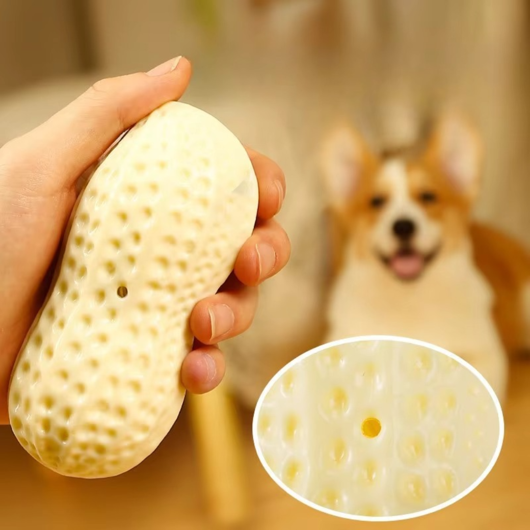 "Durable squeaky peanut-shaped chew toy in vibrant colors for dogs, promoting play, teeth cleaning, and cognitive engagement.