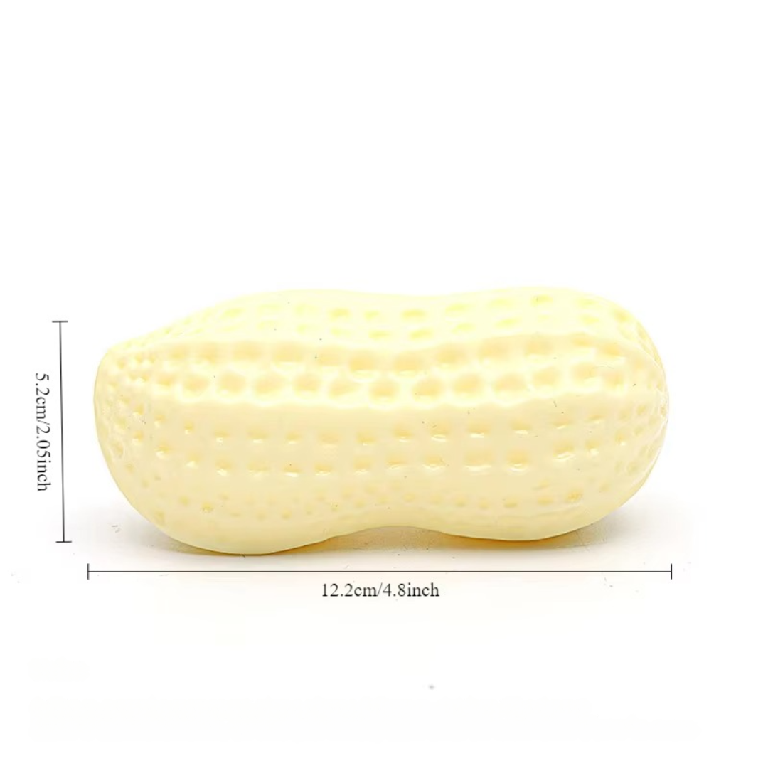 "Durable squeaky peanut-shaped chew toy in vibrant colors for dogs, promoting play, teeth cleaning, and cognitive engagement.