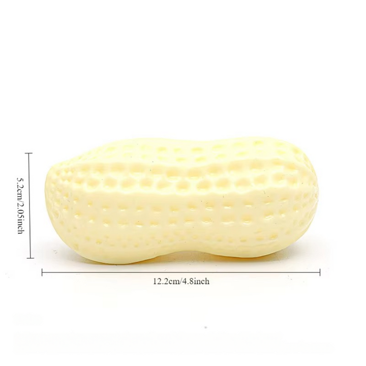 "Durable squeaky peanut-shaped chew toy in vibrant colors for dogs, promoting play, teeth cleaning, and cognitive engagement.