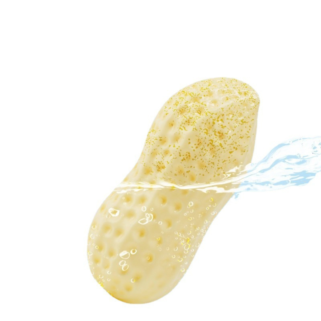 "Durable squeaky peanut-shaped chew toy in vibrant colors for dogs, promoting play, teeth cleaning, and cognitive engagement.