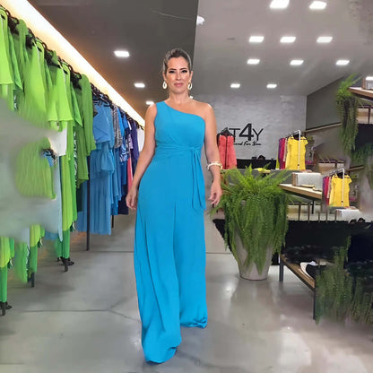 Elegant One-Shoulder Drape Wide-Leg Jumpsuit