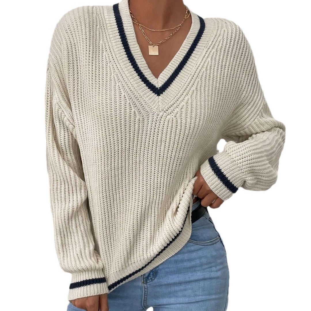 Women's Striped V-Neck Relaxed Fit Jumper