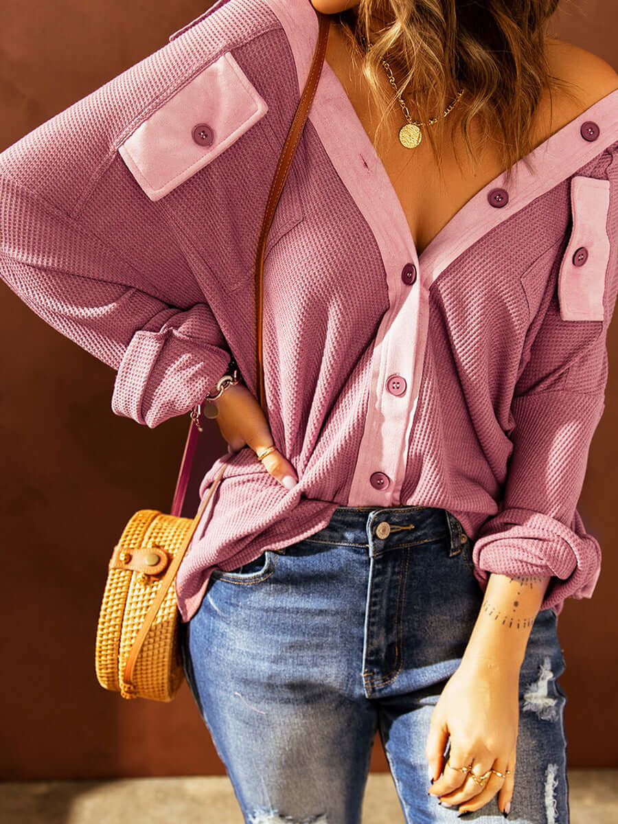Women's Contrast Waffle Knit Long Sleeve Top