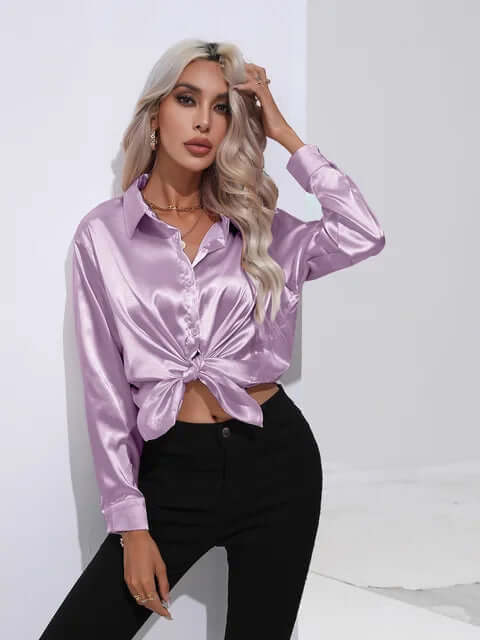 Women's Satin Loose Fit Long Sleeve Blouse