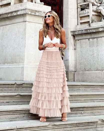 Women's Layered Tulle Midi A-Line Skirt