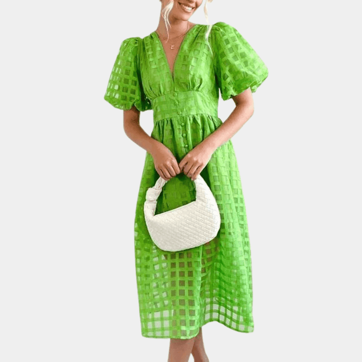 Checkered Sheer Midi Dress with Puff Sleeves - Women's
