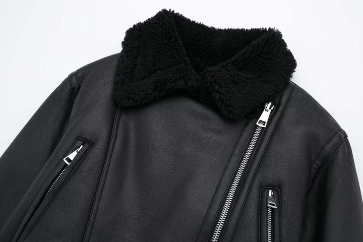 Women's Faux Leather Jacket with Fur Collar