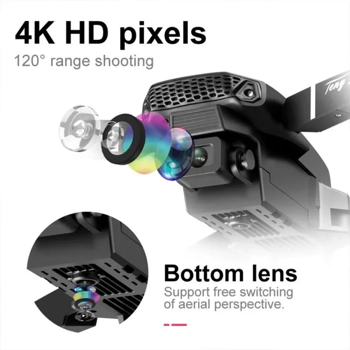 "E88 Pro 4K Dual-Camera Drone, wide-angle lens, durable lightweight frame, LED lights, captures high-definition aerial views"