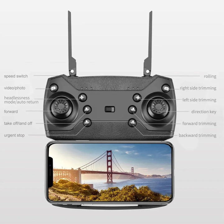 "E88 Pro 4K Dual-Camera Drone, wide-angle lens, durable lightweight frame, LED lights, captures high-definition aerial views"
