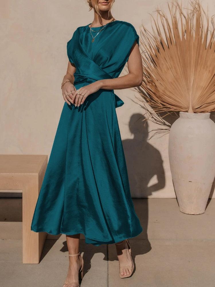 Satin Embroidered Midi Dress for Women