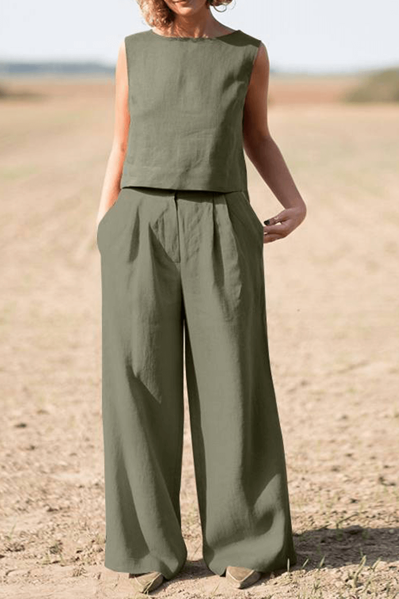 Women's Relaxed Fit Round Neck Top and Wide-Leg Pants Set
