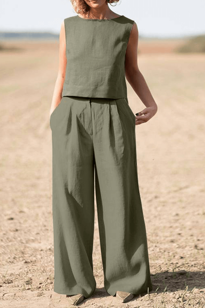 Women's Relaxed Fit Round Neck Top and Wide-Leg Pants Set
