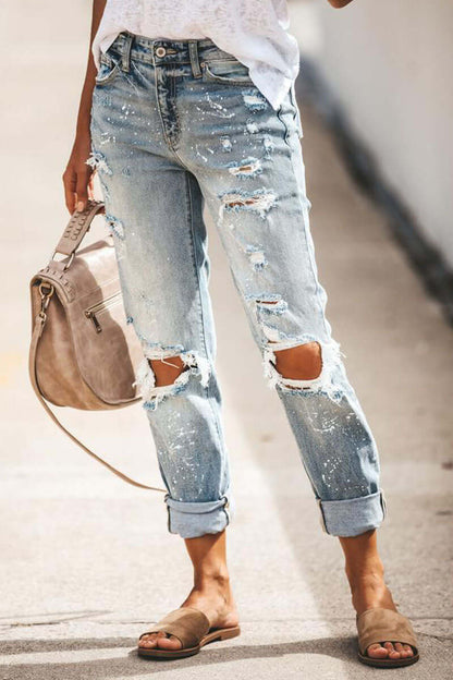 Women's High-Waisted Straight Leg Ripped Jeans