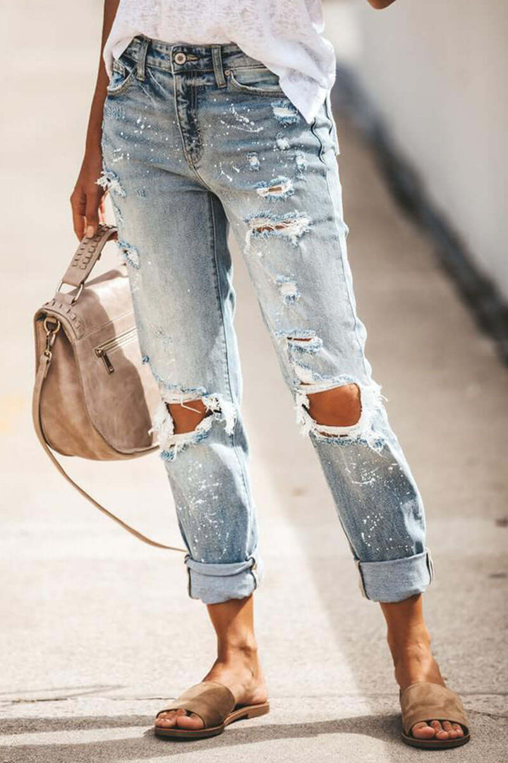 Women's High-Waisted Straight Leg Ripped Jeans