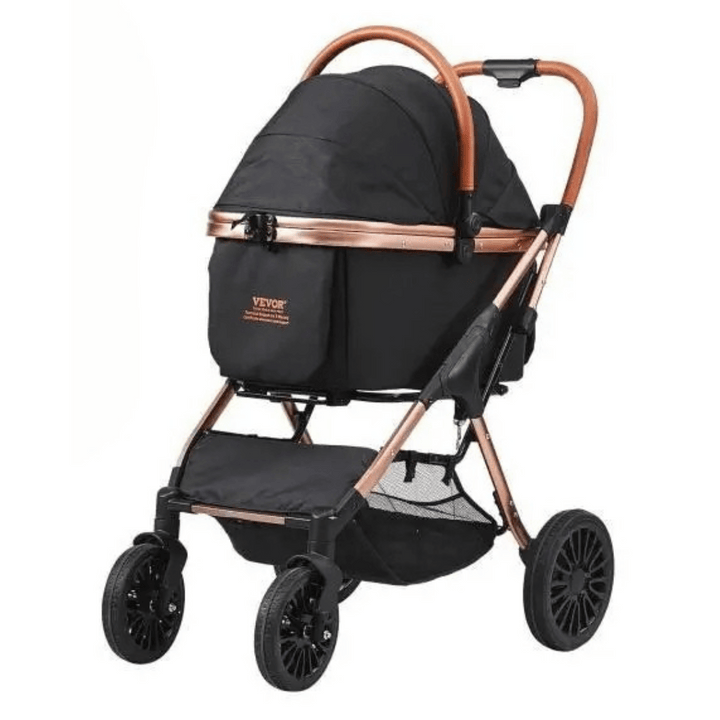 Easy-Fold dog stroller with detachable basket, breathable mesh panels, and rear wheel brakes for small dogs.