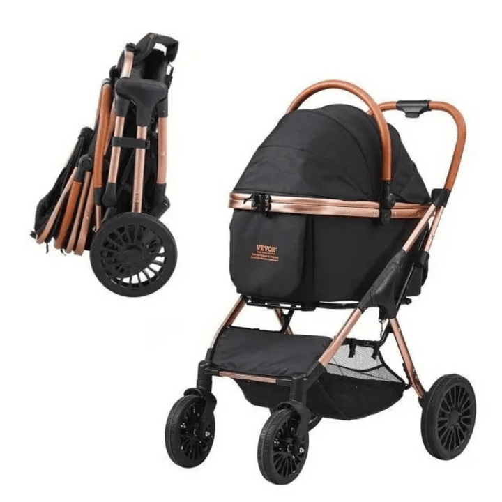 Easy-Fold dog stroller with detachable basket, breathable mesh panels, and rear wheel brakes for small dogs.