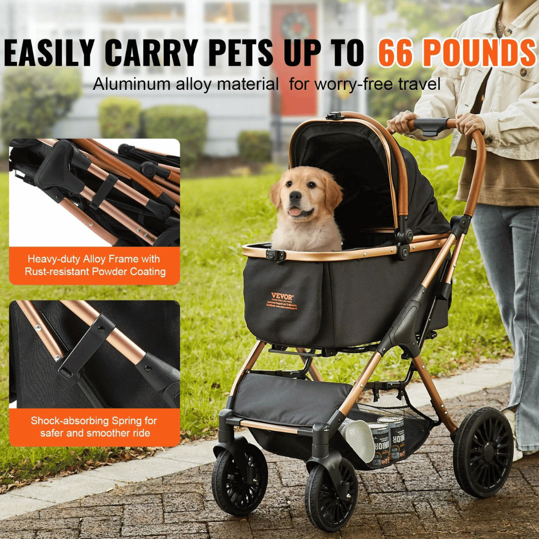 Easy-Fold dog stroller with detachable basket, breathable mesh panels, and rear wheel brakes for small dogs.
