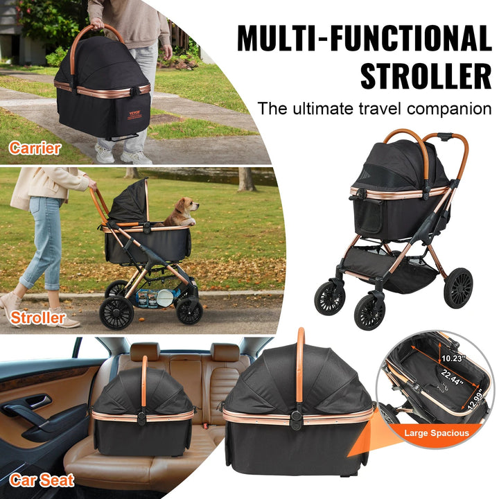 Easy-Fold dog stroller with detachable basket, breathable mesh panels, and rear wheel brakes for small dogs.